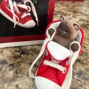 Hallmark Red and White Sneaker Ornament with Kitten